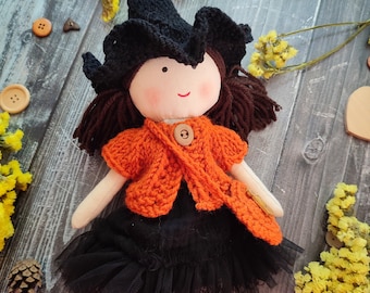 Halloween rag doll handmade Witch cloth doll Fall season doll with witch hat