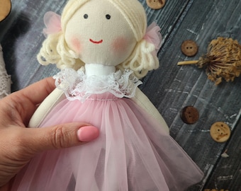 Handmade dancer rag doll with pink tule dress Flower girl doll gift Cloth mini doll for toddler flower girls Textile ballerina doll