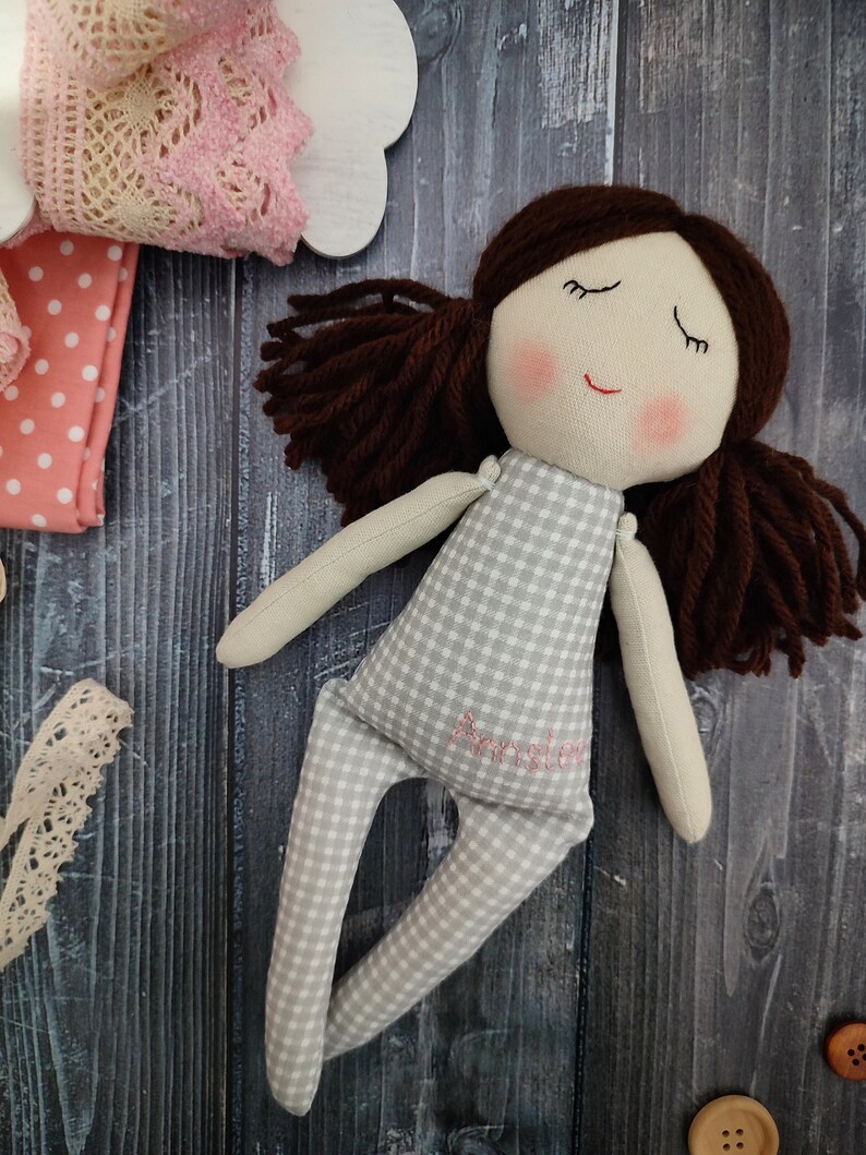 Personalised first doll for baby girl Handmade rag doll with ponytails Textile doll with dress image 4