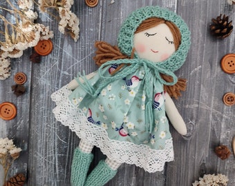 Personalised rag doll for baby girl,  First soft doll handmade, Cute fabric doll girl with baby's bonnet, dress and socks