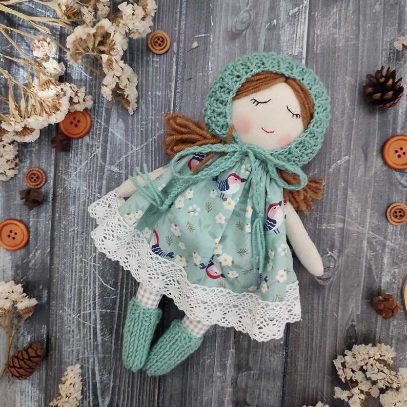 Personalised rag doll for baby girl, First soft doll handmade, Cute fabric doll girl with baby's bonnet, dress and socks image 1