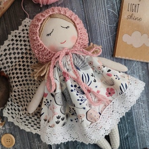 First doll baby bonnet handmade Fabric doll personalized Rag doll girl Soft doll for baby Textile doll Heirloom doll First doll image 4