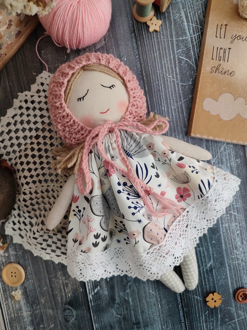 First doll baby bonnet handmade Fabric doll personalized Rag doll girl Soft doll for baby Textile doll Heirloom doll First doll image 4