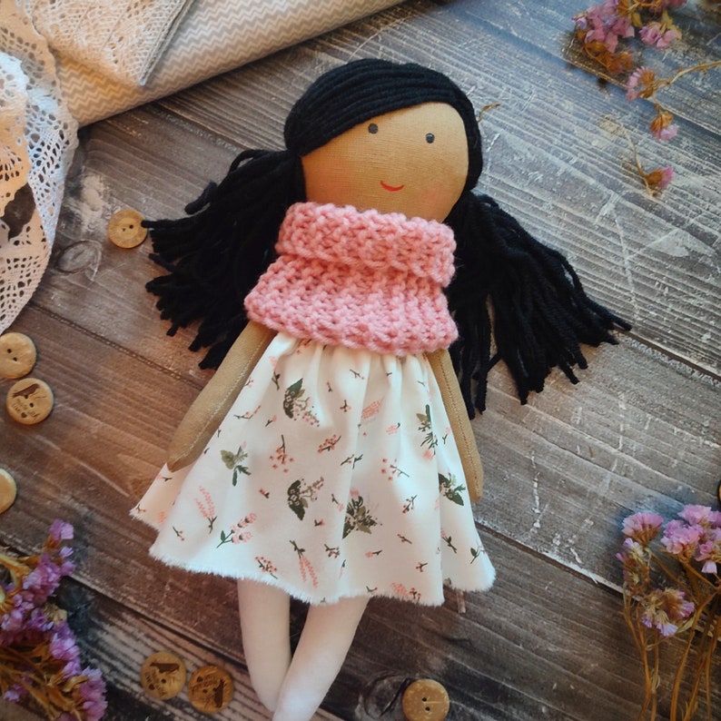 Multiracial rag doll girl handmade with removable clothes Asian cloth doll with long black hair Latino personalized soft doll image 10