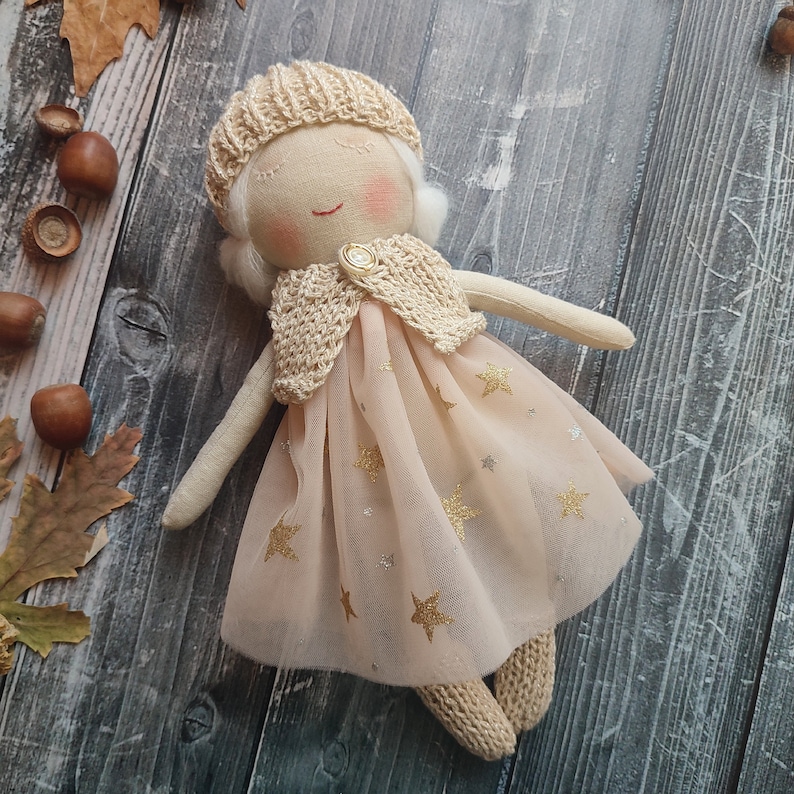 Personalised rag doll with white hair and white eyelashes Handmade fabric doll girl with tulle dress Toddler textile doll image 2
