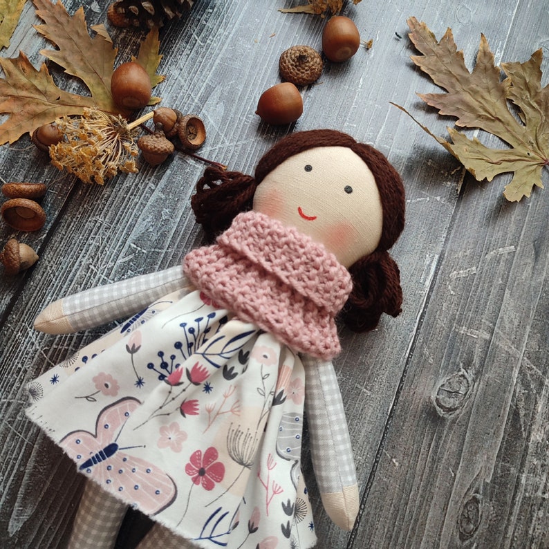 Dark brown hair rag doll girl Handmade first baby doll Textile toddler doll 12 Christmas gift doll for little girls image 7