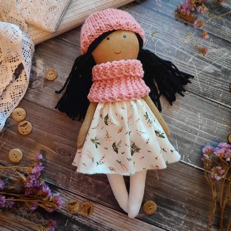 Multiracial rag doll girl handmade with removable clothes Asian cloth doll with long black hair Latino personalized soft doll image 9