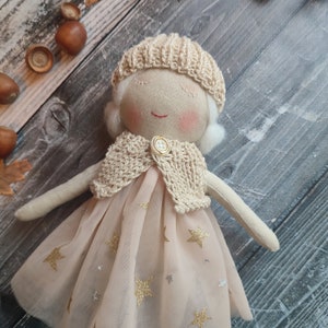 Personalised rag doll with white hair and white eyelashes Handmade fabric doll girl with tulle dress Toddler textile doll image 3