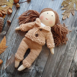 Custom made rag doll girl with knitting clothes Personalised textile doll with pants, jacket, top, hat and socks Early childhood toy doll image 3