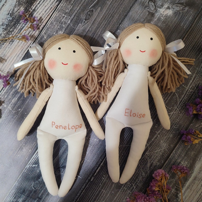 Personalized rag doll with white dress Flower girl doll gift First communion fabric doll Baptism cloth doll handmade image 9