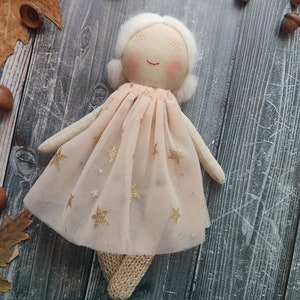 Personalised rag doll with white hair and white eyelashes Handmade fabric doll girl with tulle dress Toddler textile doll image 4