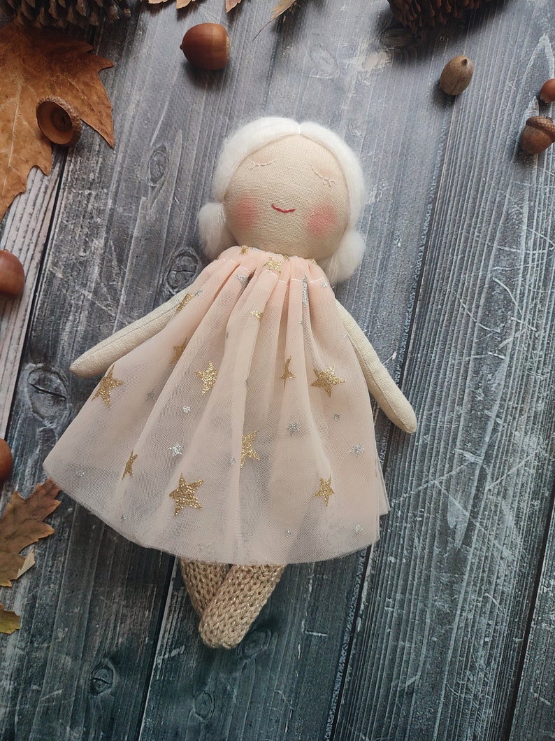 Personalised rag doll with white hair and white eyelashes Handmade fabric doll girl with tulle dress Toddler textile doll image 4