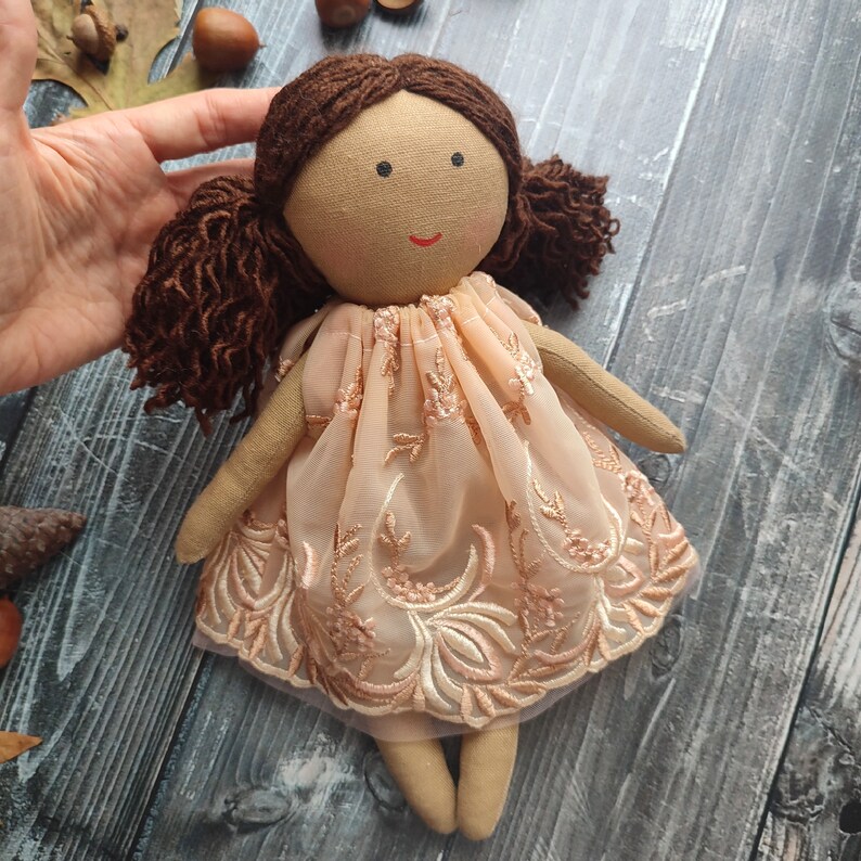 Biracial flower girl doll in beige lace dress Dark skin rag doll for toddlers Black cloth doll girl Asian first baby doll handmade image 4