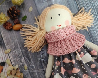 Handmade rag doll girl with removable clothes Cloth toddler doll with corn hair  Fabric heirloom doll for gift