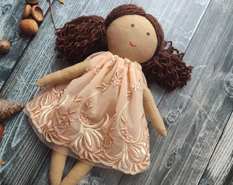 Biracial flower girl doll in beige lace dress Dark skin rag doll for toddlers Black cloth doll girl Asian first baby doll handmade