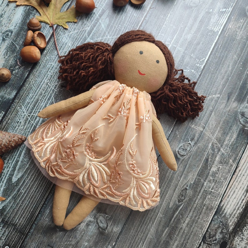 Biracial flower girl doll in beige lace dress Dark skin rag doll for toddlers Black cloth doll girl Asian first baby doll handmade image 1