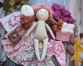 Handmade rag doll girl with clothes Personalised cloth doll with wardrobe Dolls outfit set with fabric doll