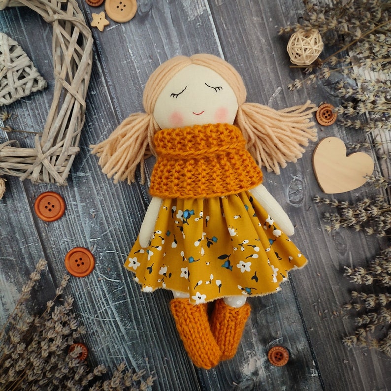 Handmade fabric doll girl Autumn rag doll Textile first doll Cloth doll with blond hair Soft doll with sleeping eyes Granddaughter gift image 3