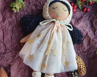 Christmas dark skinned rag doll girl personalised Biracial first baby doll handmade Asian toddler doll