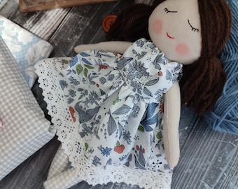 Personalized rag doll for girl, Handmade textile first baby doll with dark brown hair