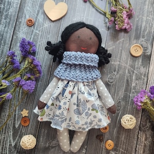 Dark skin soft doll with wavy hair Black skin baby's first rag doll Biracial handmade cloth doll