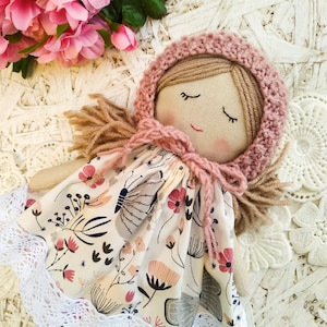 First doll baby bonnet handmade Fabric doll personalized Rag doll girl Soft doll for baby Textile doll Heirloom doll First doll image 1