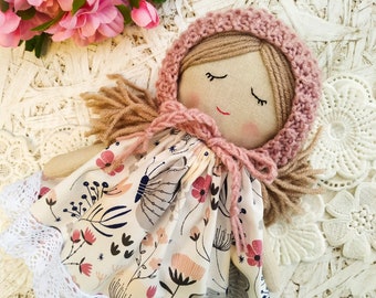 First doll baby bonnet handmade Fabric doll personalized Rag doll girl Soft doll for baby Textile doll Heirloom doll First doll