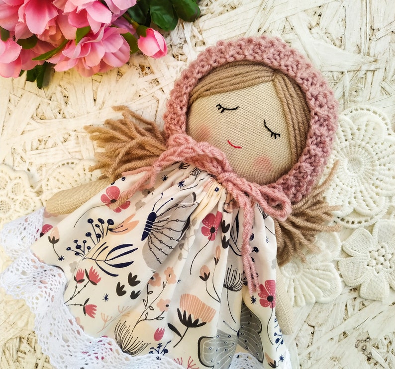 First doll baby bonnet handmade Fabric doll personalized Rag doll girl Soft doll for baby Textile doll Heirloom doll First doll image 1