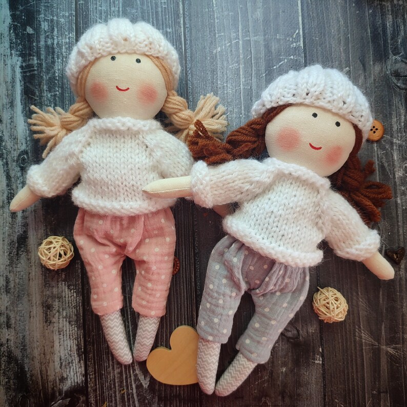 Handmade rag doll girl with knitted sweater and cotton pants Christmas gift doll for granddaughter Little girl doll personalized image 4