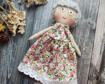 Grandmother Rag Doll Handmade, Heirloom Granny Doll Fabric, Cloth