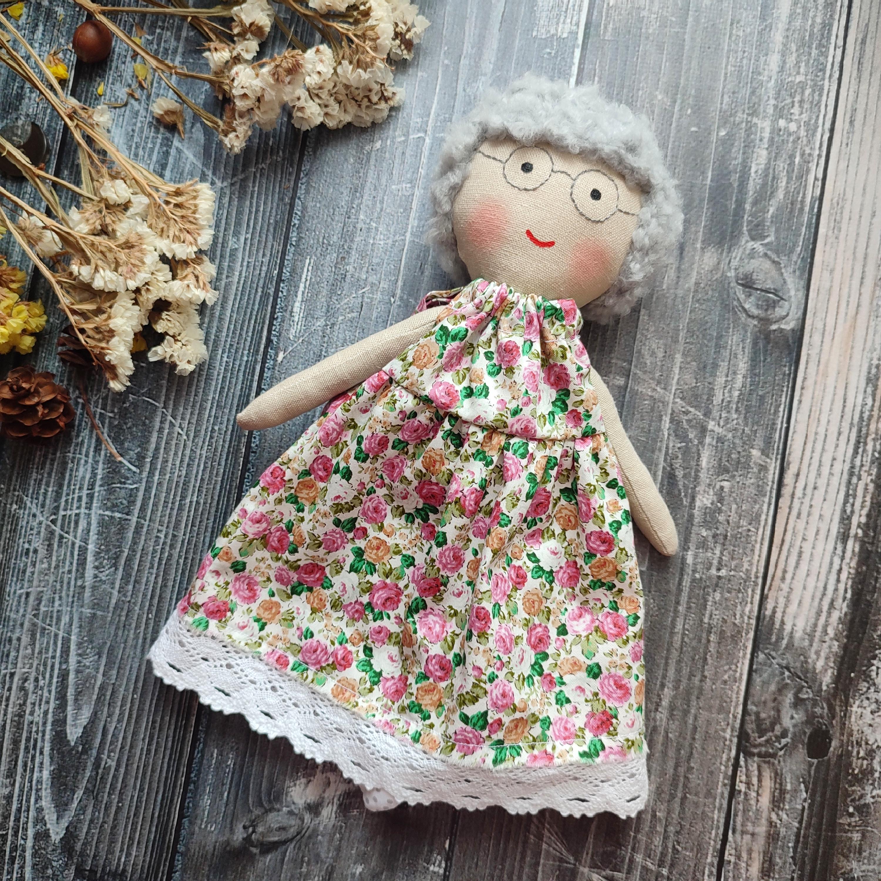 Grandmother Rag Doll Handmade, Heirloom Granny Doll Fabric, Cloth