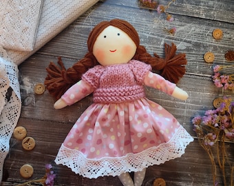 Handmade cloth doll girl with removable dress and jacket Rag doll personalised brown hair Soft doll for baby