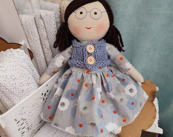 Textile doll girl with glasses Rag doll girl with removable clothes Cloth look alike doll for little girls Fabric doll for toddler