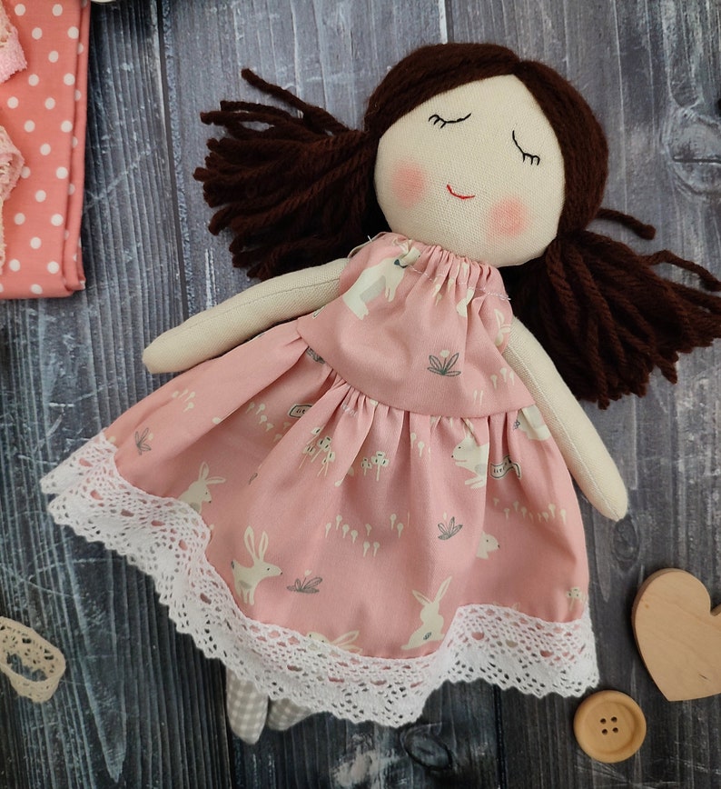 Personalised first doll for baby girl Handmade rag doll with ponytails Textile doll with dress image 7