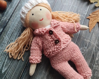 Toddler rag doll girl with knitting clothes Personalised textile doll in pants, jacket, top, hat and socks Cloth doll in pink knitted suit