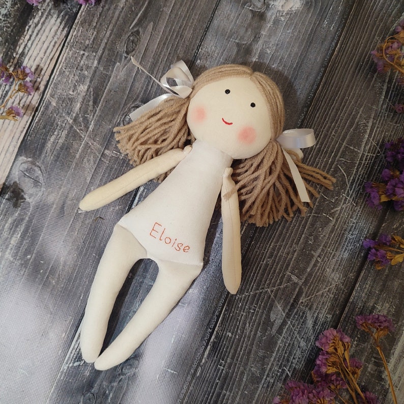 Personalized rag doll with white dress Flower girl doll gift First communion fabric doll Baptism cloth doll handmade image 6