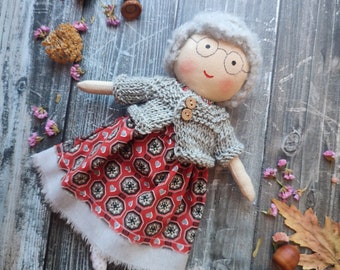 Grandmother rag doll handmade Heirloom granny doll fabric Cloth gramma doll with glasses