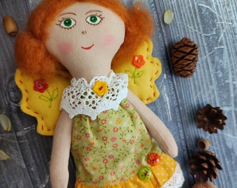 Keepsake cloth doll girl with red hair Handmade fabric fairy doll for women's gift