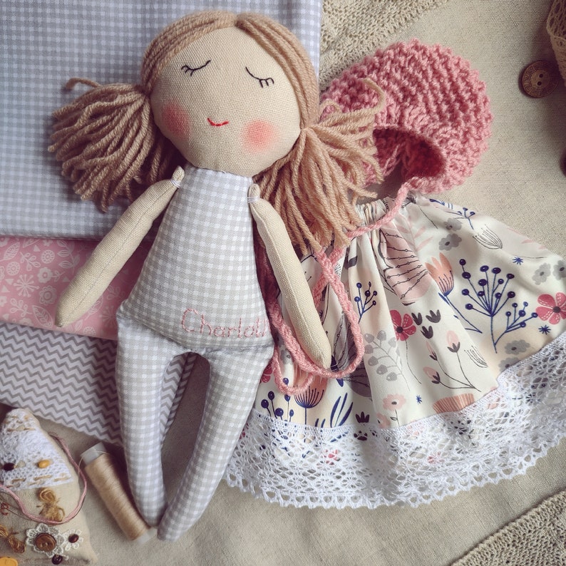 First doll baby bonnet handmade Fabric doll personalized Rag doll girl Soft doll for baby Textile doll Heirloom doll First doll image 3