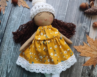 Biracial rag doll with dark brown wavy hair Handmade cloth dark skinned doll Toddler doll girl