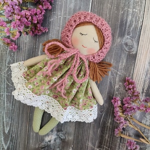 First soft doll personalized Fabric doll personalized Christmas rag doll girl Soft doll for baby Textile doll brown hair Heirloom doll