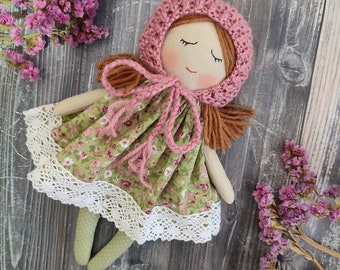 First soft doll personalized Fabric doll personalized Christmas rag doll girl Soft doll for baby Textile doll brown hair Heirloom doll