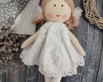 Flower girl gift rag doll Bridesmaid gift Textile wedding doll Flower girl proposal First Communion rag doll in white dress