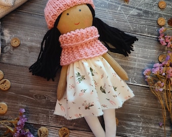 Multiracial rag doll girl handmade with removable clothes Asian cloth doll with long black hair Latino personalized soft doll