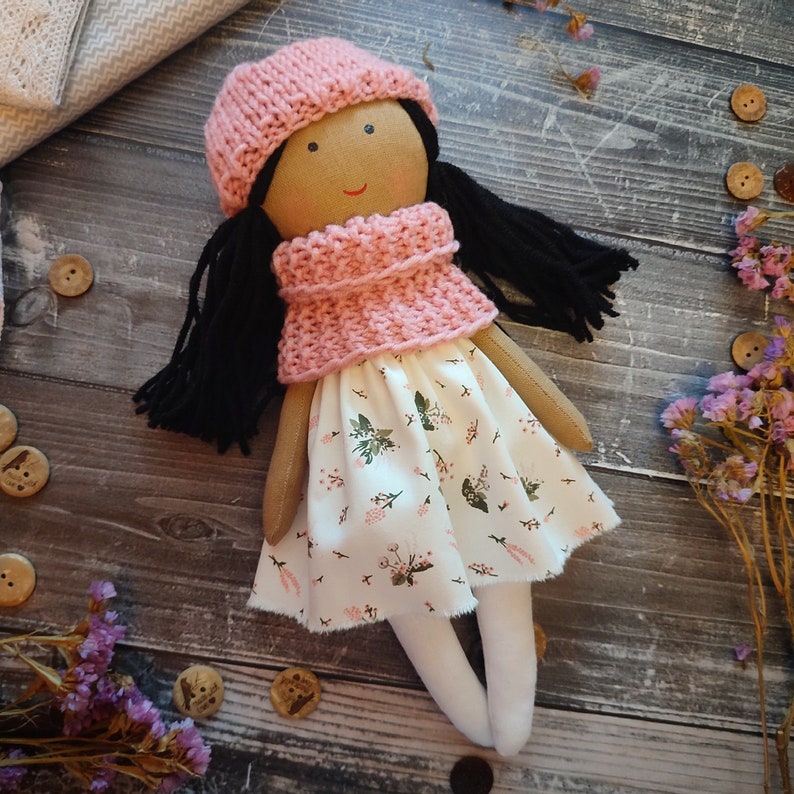 Multiracial rag doll girl handmade with removable clothes Asian cloth doll with long black hair Latino personalized soft doll image 1