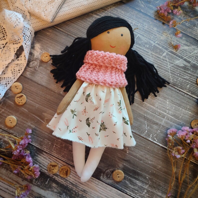 Multiracial rag doll girl handmade with removable clothes Asian cloth doll with long black hair Latino personalized soft doll image 7