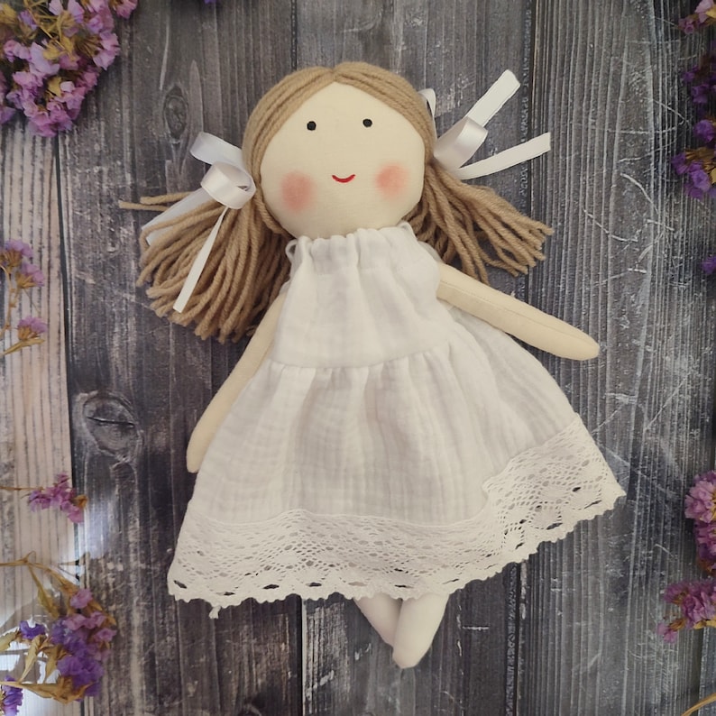 Personalized rag doll with white dress Flower girl doll gift First communion fabric doll Baptism cloth doll handmade image 2