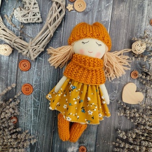 Handmade fabric doll girl Autumn rag doll Textile first doll Cloth doll with blond hair Soft doll with sleeping eyes Granddaughter gift image 1