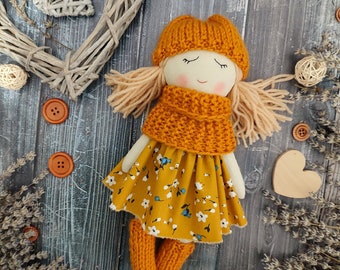 Handmade fabric doll girl Autumn rag doll Textile first doll Cloth doll with blond hair Soft doll with sleeping eyes Granddaughter gift