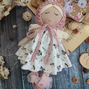 Cute baby's first Christmas gift doll, Handmade fabric doll personalized, Rag doll girl with dress, bonnet and socks image 3